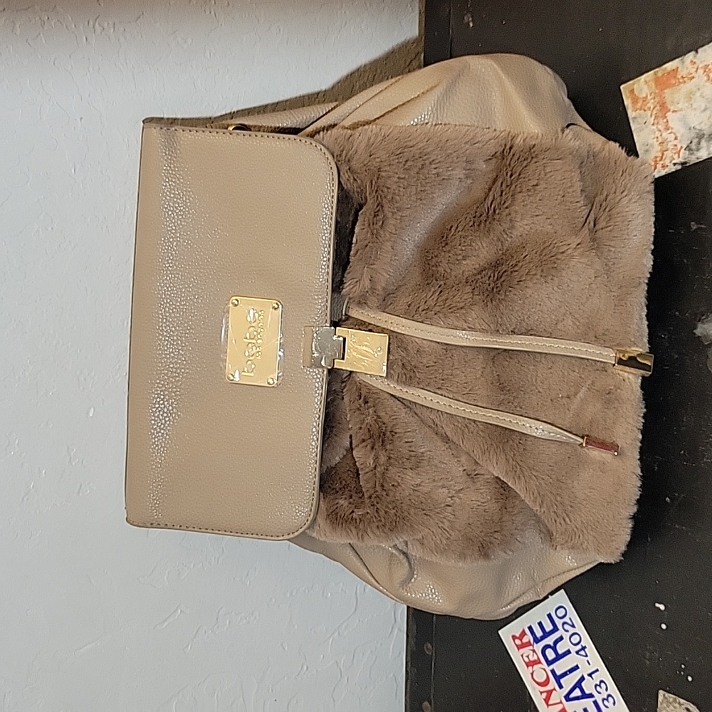 BEBE Dorothea Backpack Taupe Fuax Fur